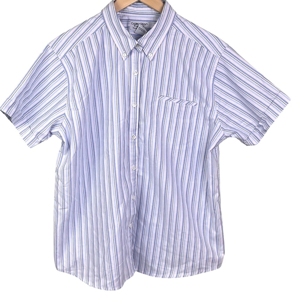 Cabin Creek Blue Pink Striped Wrinkle Free Stain Repellant Short Sleeve Shirt 14